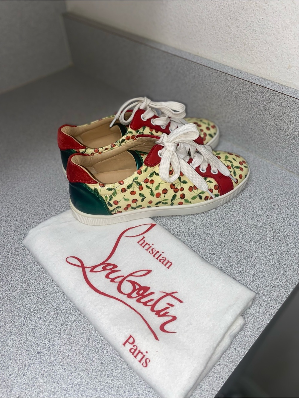 Christian Louboutin Seava Calfskin Patent Cherry Print Sneakers Size 34/4 EUC